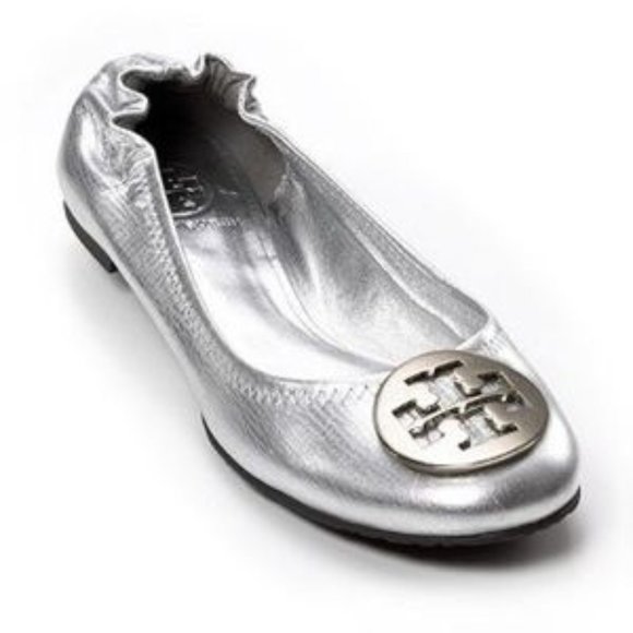Tory Burch Shoes - Tory Burch Reva Silver Metallic Leather Logo Ballet Flat